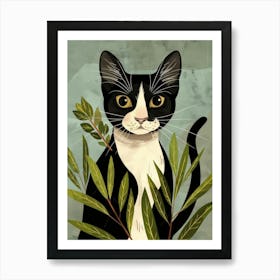 Black Cat With Green Leaves Art Print