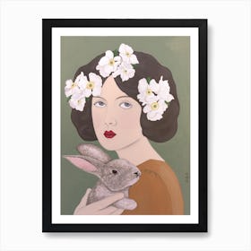 Woman With White Flowers And Rabbit Art Print