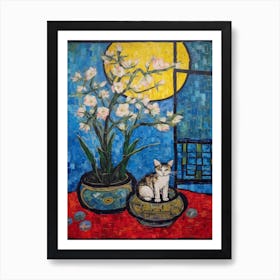 Still Life Of Lotus With A Cat 4 Art Print