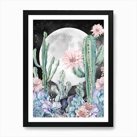 Cactus And Flowers Desert Nights Art Print