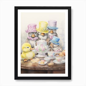 Duckling Tea Party Pencil Illustration 1 Art Print