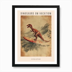 Vintage Oviraptor Dinosaur On A Surf Board 2 Poster Art Print