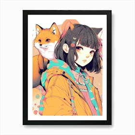 Pretty Anime Girl with Fox 12 Art Print