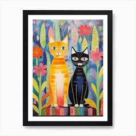 Two Patchwork Cats In A Floral Garden Art Print