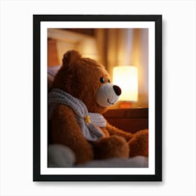 Teddy Bear Nestled Under A Pile Of Soft Knitted Blankets And A Scarf With Plush Fringes Meeting The Art Print