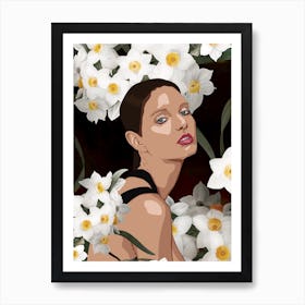 Portrait Of A Woman With A Daffodils Art Print