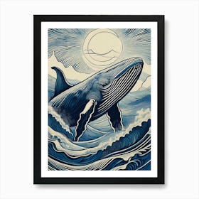 Leaping Blue Whale Linocut Art Print