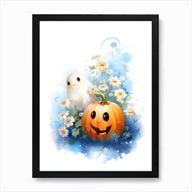 Cute Ghost With Pumpkins Halloween Watercolour 41 Art Print