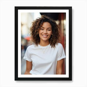 Confident Young Woman Smiling Posing In A Chic Stylish T Shirt Mid Shot Focus On Intricate Deta Art Print