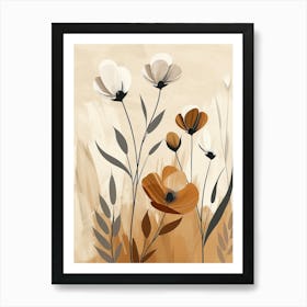 Flowers In Beige, Brown And White Tones, Using Simple Shapes In A Minimalist And Elegant 13 Art Print