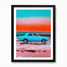 Vintage Car Teal Orange Beach Art Print