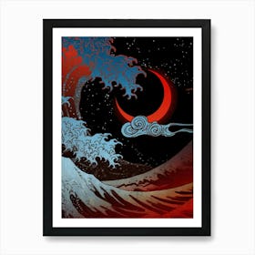 Night In The Ocean Red Waves Art Moon Dark Japanese Wave Art Print