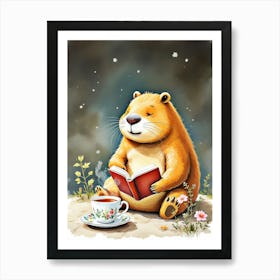 Funny Capcapybara Ebera Reading Book And Drink Tea Art Print