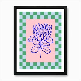 Modern Checkered Flower Poster Blue & Pink 8 Art Print