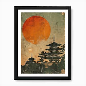 Two Japanese Castles In The Golden Sunset Mid Century Modern Art Print