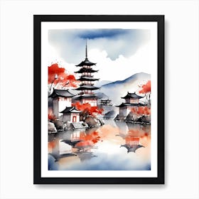 Watercolor Japanese Landscape Painting (8) Art Print
