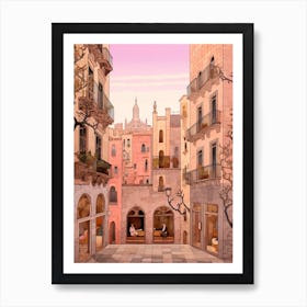 Barcelona Spain 3 Vintage Pink Travel Illustration Art Print