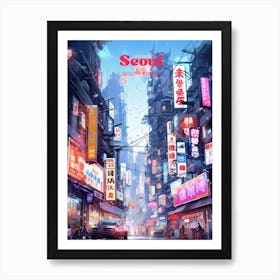 Seoul South Korea Market Street Travel Illustration Art Print