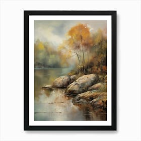 Forest Lake, Autumn Lake, Vintage Oil Painting, Farmhouse Wall Decorations, Antique Landscape, Vintage Landscape Oil Painting.7 1 Art Print