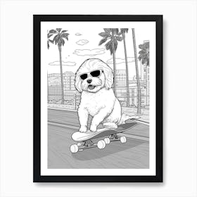 Maltese Dog Skateboarding Line Art 1 Art Print