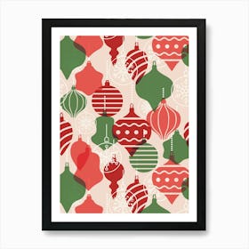 Layered Vintage Christmas Ornaments Red, Green, Pink Art Print