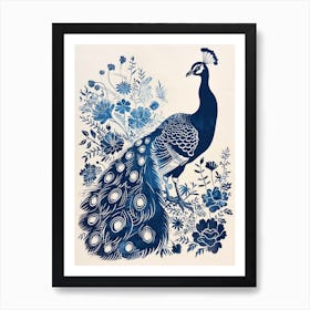 Navy Blue & Cream Peacock With Tropical Flowers 2 Art Print