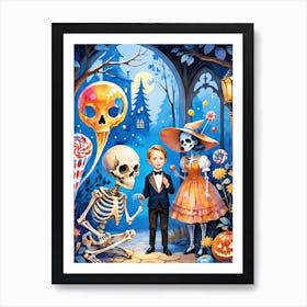 Cute Halloween Skeleton Family Painting (34) Art Print