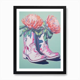 A Painting Of Cowboy Boots With Protea Flowers, Fauvist Style, Still Life 3 Art Print