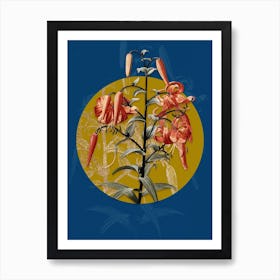 Vintage Botanical Tiger Lily on Circle Yellow on Blue Art Print