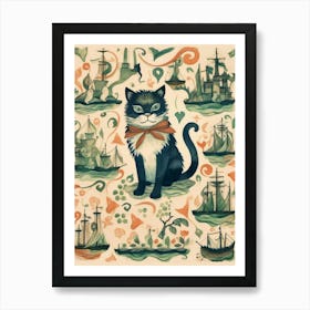 Medieval Style Ships & Cat With Bow Art Print