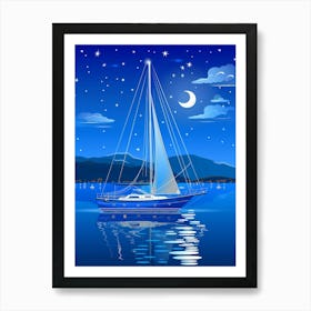 Sailing Boat At Night Art Print