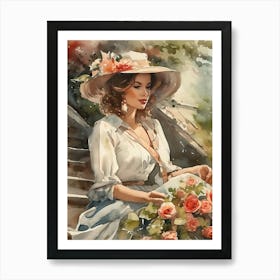 Woman With Roses Watercolor Painting Art Print