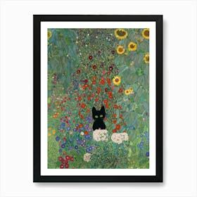 Gustav Klimt Style, Farm Garden With Sunflowers And A Black Cat 2 Art Print Art Print