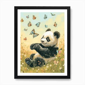 Giant Panda Cub Playing With Butterflies Storybook Illustration 4 Art Print