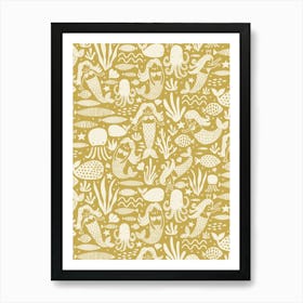 Underwater Mermaids and Sea Life Block Print White on Golden Yellow Kids Art Print