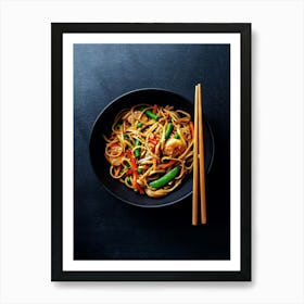 Noodles with prawns vegetables — Food kitchen poster/blackboard, photo art Art Print