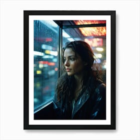 Beautiful Woman In A Bus Shelter Caught In A Candid Moment Evening Evolving Into Rain Soaked Piety Art Print