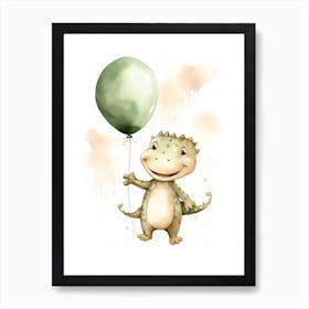 Baby Crocodile Flying With Ballons, Watercolour Nursery Art 4 Art Print
