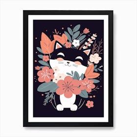 Flower Bouquet With A Cat Kawaii Illustration 1 Art Print