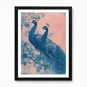 Two Peacocks On A Tree Pink Cyanotype Inspired Art Print