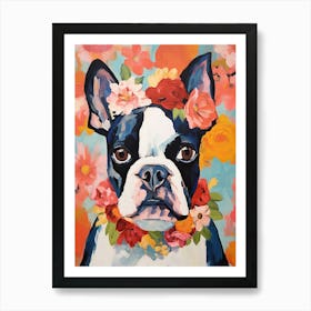 Boston Terrier Portrait With A Flower Crown, Matisse Painting Style 1 Art Print