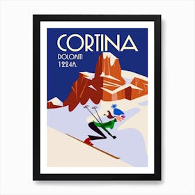 Cortina Dolomiti Ski Poster White & Navy Art Print
