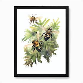 Bumble Bee Hoverfly Bee Beehive Watercolour Illustration 1 Art Print