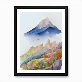 Watercolor Flowers Near Mountain Art Print