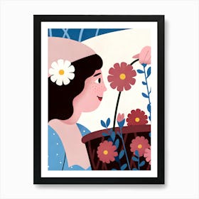 Woman Girl With Flowers Basket Art Print