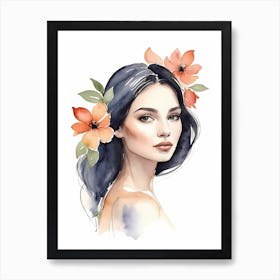 Floral Woman Portrait Watercolor Painting (27) Art Print