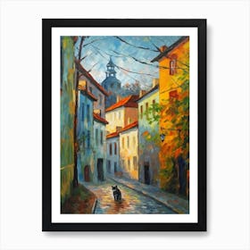 Painting Of A Street In Prague With A Cat 3 Impressionism Art Print