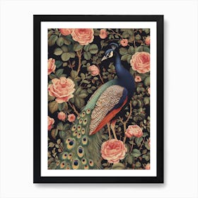 Floral Pink Roses Peacock 2 Art Print