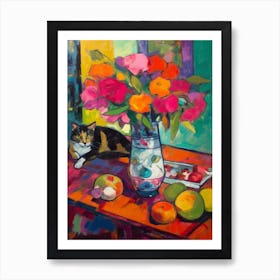 Lilies With A Cat 1 Fauvist Style Painting Art Print