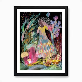 Lady In Magic Mushrooms Forest Art Print